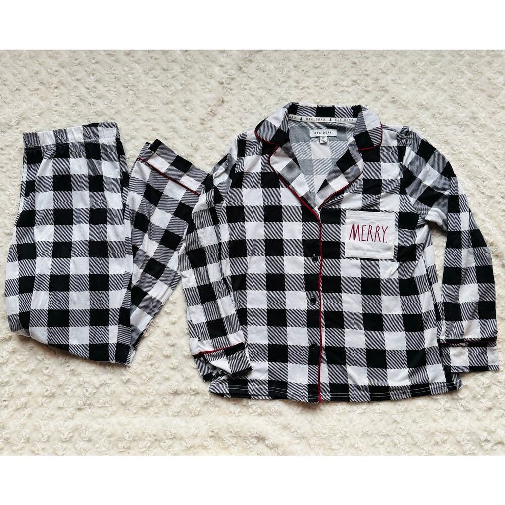 Rae Dunn Buffalo Plaid Black Merry Christmas P.J.  2 piece Womens Pajama Set